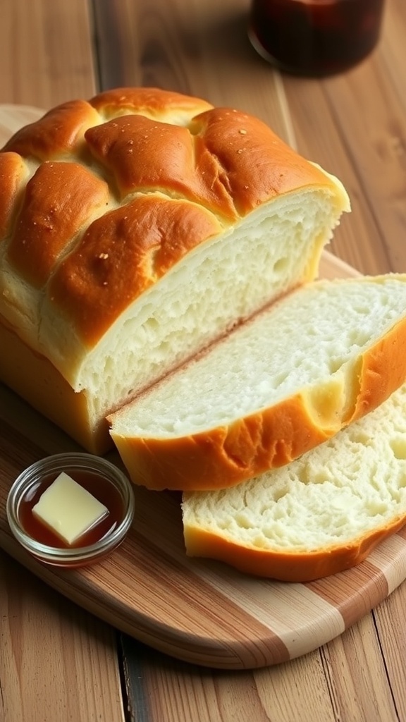 Freshly baked sandwich bread loaf sliced on a cutting board with butter and jam.